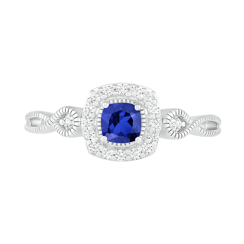 4.0mm Cushion-Cut Lab-Created Blue and White Sapphire Frame Infinity Shank Vintage-Style Ring in Sterling Silver