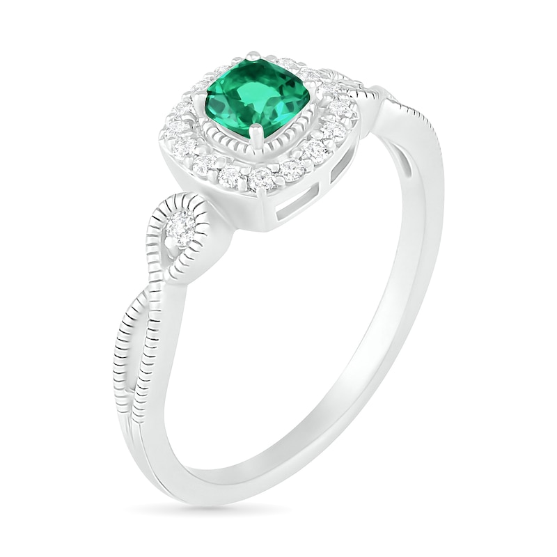 Main Image 2 of 4.0mm Cushion-Cut Lab-Created Emerald and White Sapphire Frame Infinity Shank Vintage-Style Ring in Sterling Silver