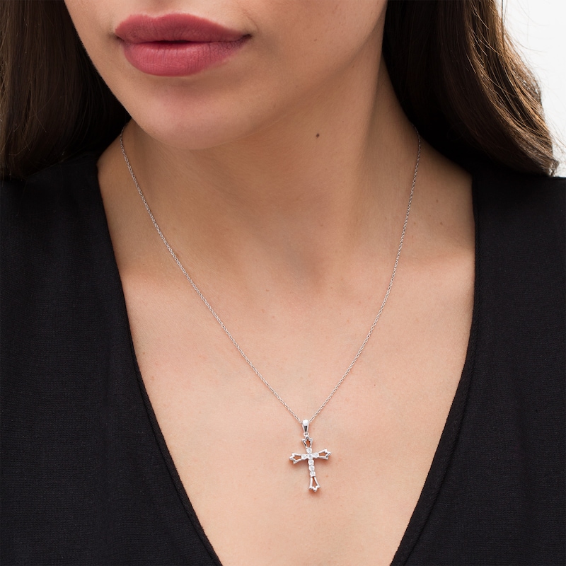 Main Image 2 of 0.04 CT. T.W. Diamond Leaf-Ends Cross Pendant in Sterling Silver