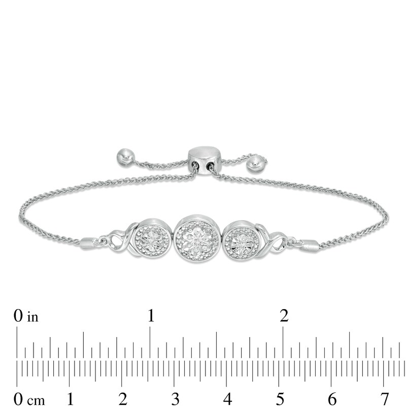 Composite Diamond Accent Disc Trio with Ribbons Bolo Bracelet in Sterling Silver - 9.5"