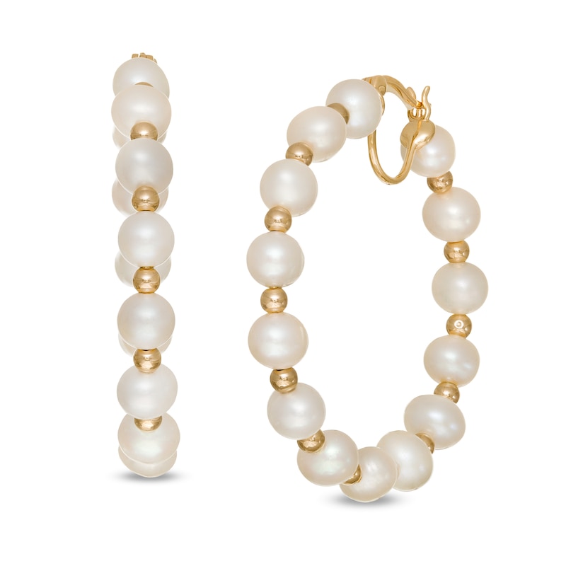 6.0-6.5mm Cultured Freshwater Pearl and Bead Alternating Hoop Earrings in 10K Gold