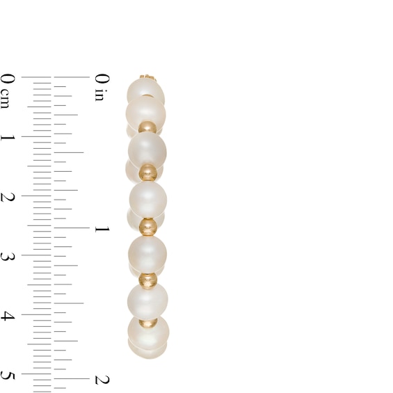 6.0-6.5mm Freshwater Cultured Pearl and Bead Alternating Hoop Earrings in 10K Gold
