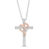 Thumbnail Image 0 of 0.07 CT. T.W. Diamond Cross with Ribbon Heart Overlay Pendant in Sterling Silver and 10K Rose Gold