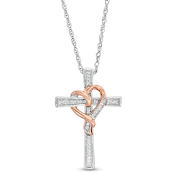 0.07 CT. T.W. Diamond Cross with Ribbon Heart Overlay Pendant in Sterling Silver and 10K Rose Gold