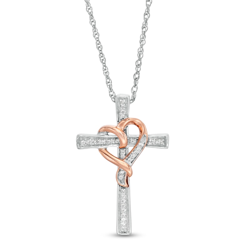 0.07 CT. T.W. Diamond Cross with Ribbon Heart Overlay Pendant in Sterling Silver and 10K Rose Gold