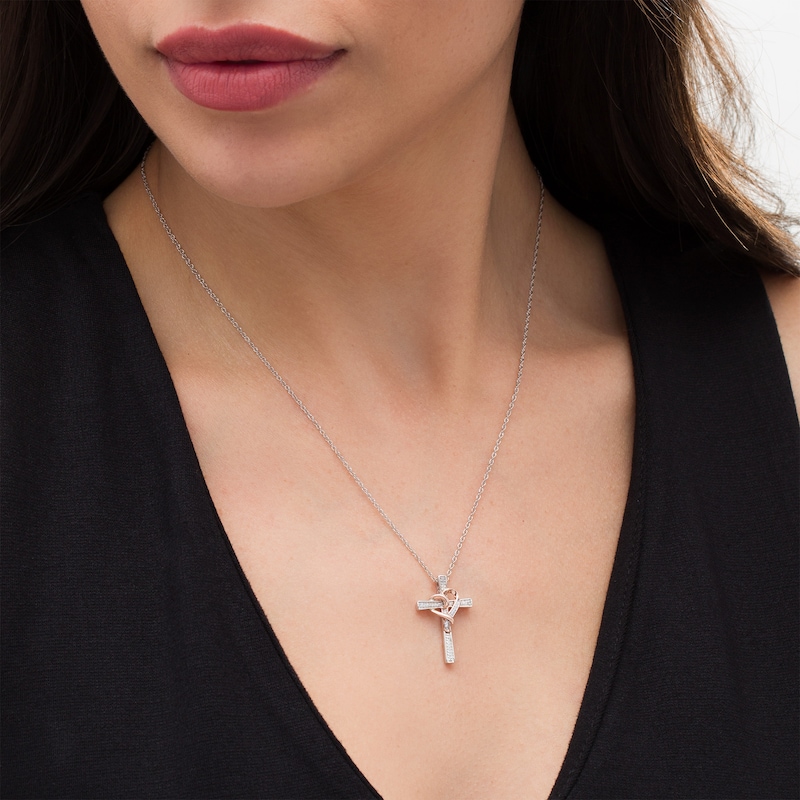 Main Image 2 of 0.07 CT. T.W. Diamond Cross with Ribbon Heart Overlay Pendant in Sterling Silver and 10K Rose Gold