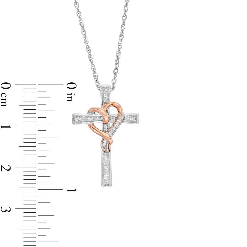 Main Image 3 of 0.07 CT. T.W. Diamond Cross with Ribbon Heart Overlay Pendant in Sterling Silver and 10K Rose Gold