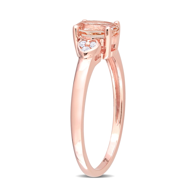 Oval Morganite and 0.05 CT. T.W. Diamond Trio Heart-Sides Ring in Sterling Silver with Rose Rhodium