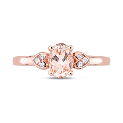 Oval Morganite and 0.05 CT. T.W. Diamond Trio Heart-Sides Ring in Sterling Silver with Rose Rhodium