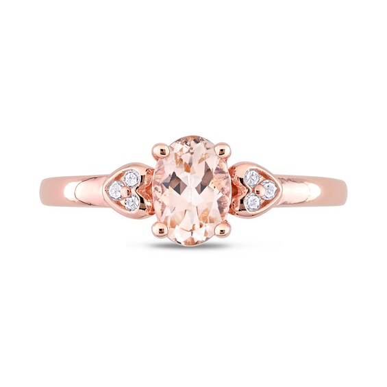 Oval Morganite and 0.05 CT. T.W. Diamond Trio Heart-Sides Ring in Sterling Silver with Rose Rhodium