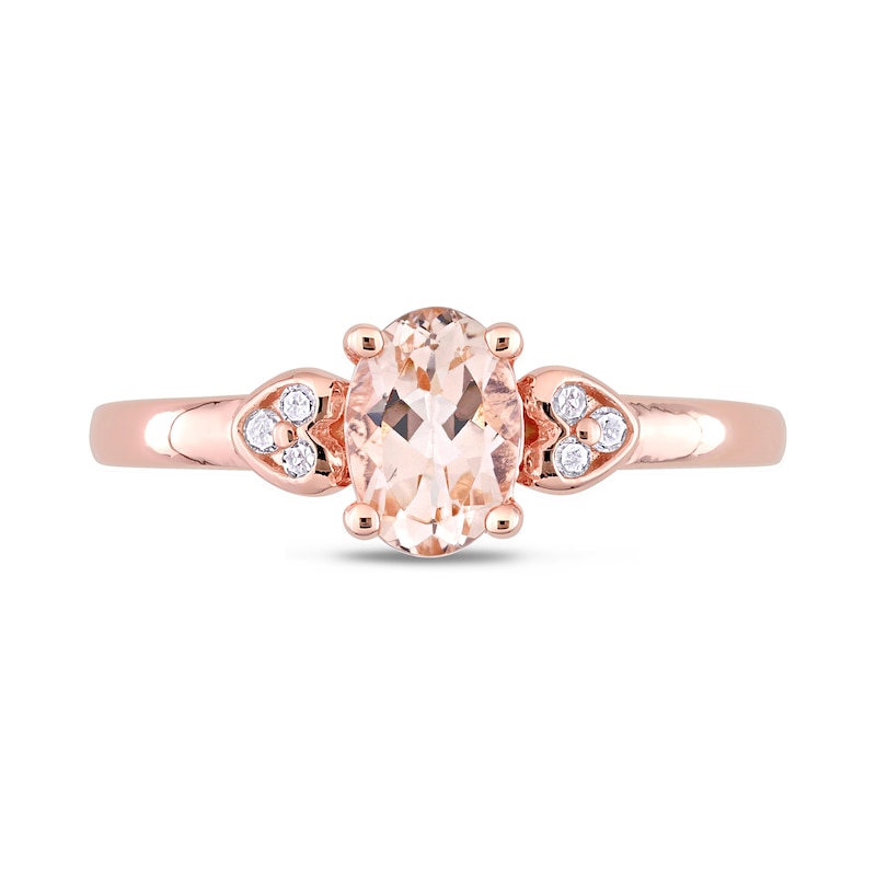 Oval Morganite and 0.05 CT. T.W. Diamond Trio Heart-Sides Ring in Sterling Silver with Rose Rhodium