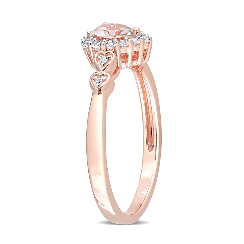 Main Image 3 of 5.0mm Heart-Shaped Morganite, White Topaz and Diamond Accent Frame Heart-Sides Ring in Sterling Silver with Rose Rhodium