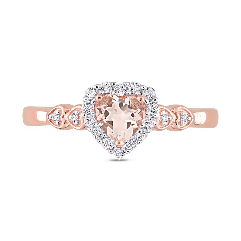 Main Image 4 of 5.0mm Heart-Shaped Morganite, White Topaz and Diamond Accent Frame Heart-Sides Ring in Sterling Silver with Rose Rhodium