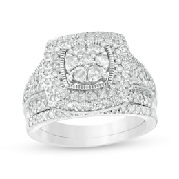 1.23 CT. T.W. Composite Diamond Cushion Frame Multi-Row Vintage-Style Bridal Set in 10K White Gold
