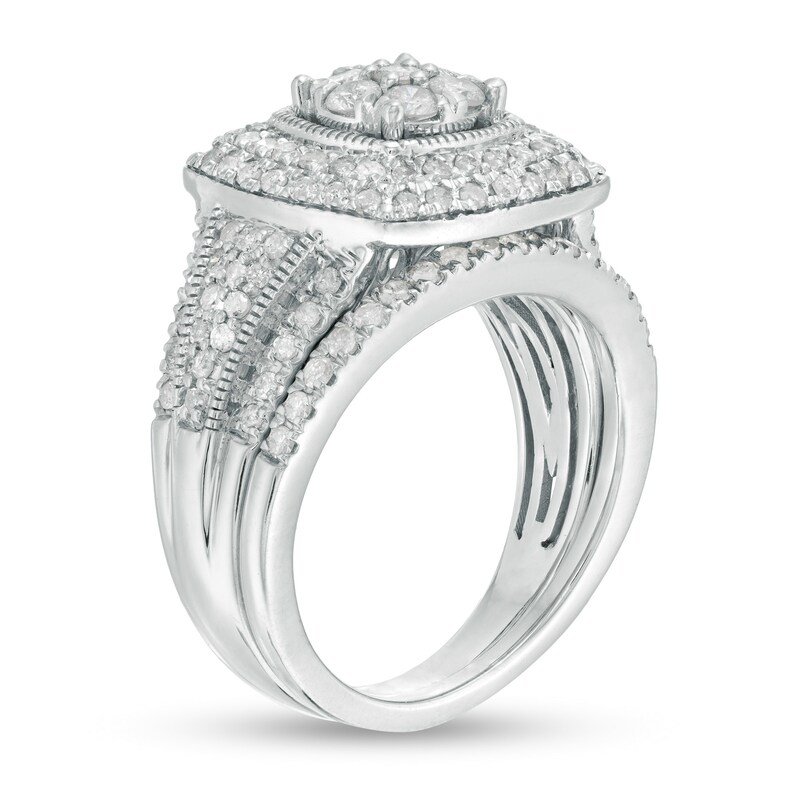 Main Image 3 of 1.23 CT. T.W. Composite Diamond Cushion Frame Multi-Row Vintage-Style Bridal Set in 10K White Gold