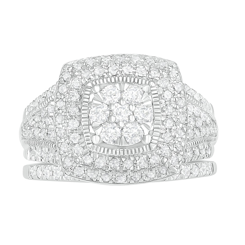1.23 CT. T.W. Composite Diamond Cushion Frame Multi-Row Vintage-Style Bridal Set in 10K White Gold