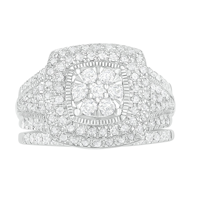 Main Image 4 of 1.23 CT. T.W. Composite Diamond Cushion Frame Multi-Row Vintage-Style Bridal Set in 10K White Gold