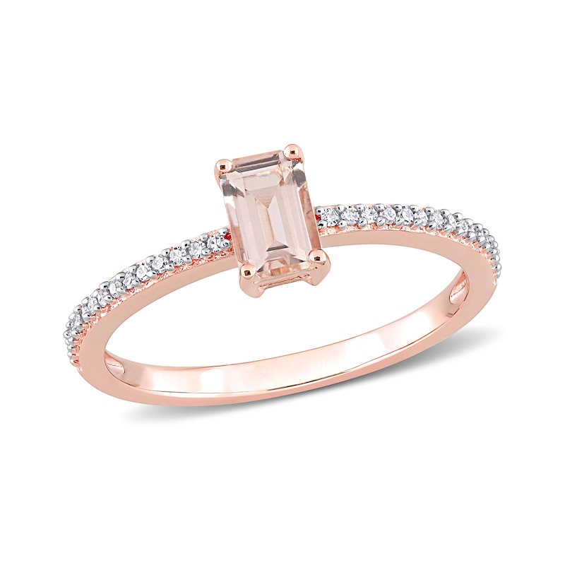 Main Image 1 of Emerald-Cut Morganite and 0.09 CT. T.W. Diamond Ring in 10K Rose Gold