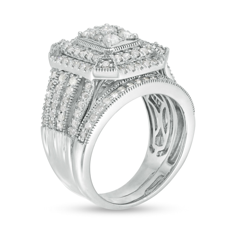 Main Image 3 of 1.29 CT. T.W. Composite Emerald Diamond Rectangle Frame Multi-Row Vintage-Style Bridal Set in 10K White Gold