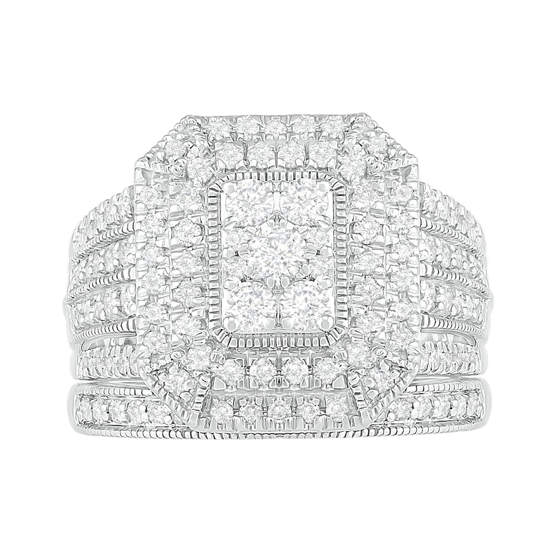 Main Image 4 of 1.29 CT. T.W. Composite Emerald Diamond Rectangle Frame Multi-Row Vintage-Style Bridal Set in 10K White Gold