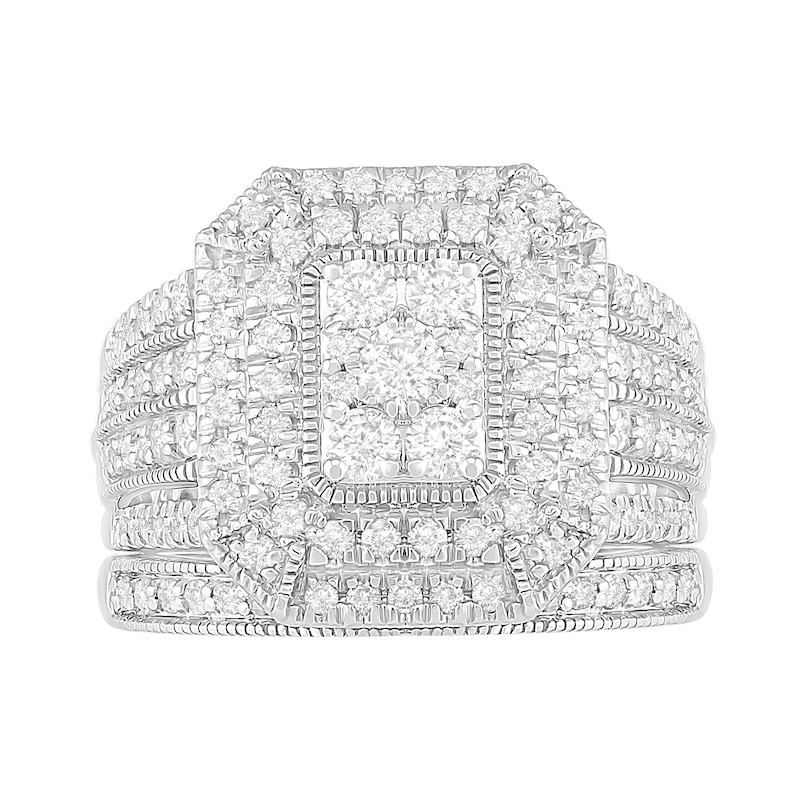 1.29 CT. T.W. Composite Emerald Diamond Rectangle Frame Multi-Row Vintage-Style Bridal Set in 10K White Gold