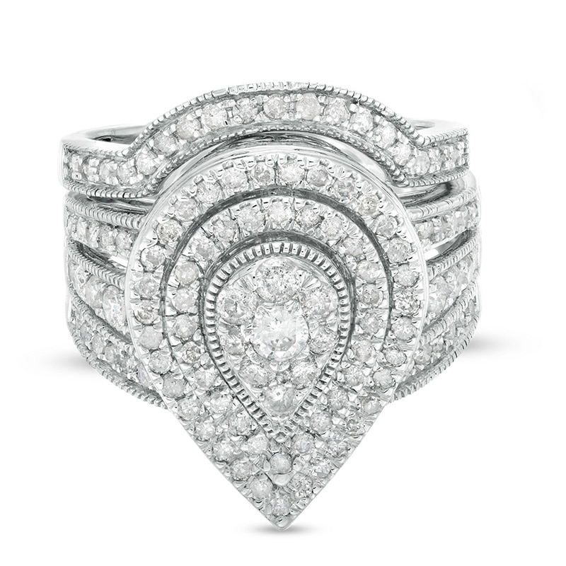 Main Image 1 of 1.23 CT. T.W. Composite Pear Diamond Frame Multi-Row Vintage-Style Bridal Set in 10K White Gold