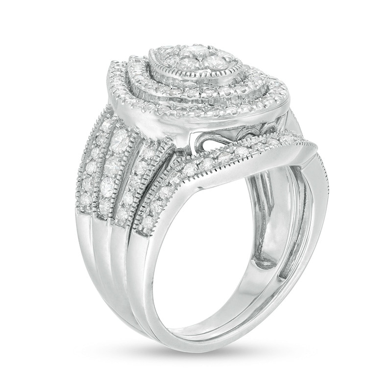 1.23 CT. T.W. Composite Pear Diamond Frame Multi-Row Vintage-Style Bridal Set in 10K White Gold