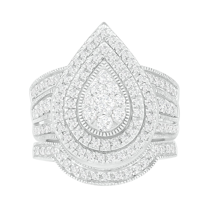 1.23 CT. T.W. Composite Pear Diamond Frame Multi-Row Vintage-Style Bridal Set in 10K White Gold
