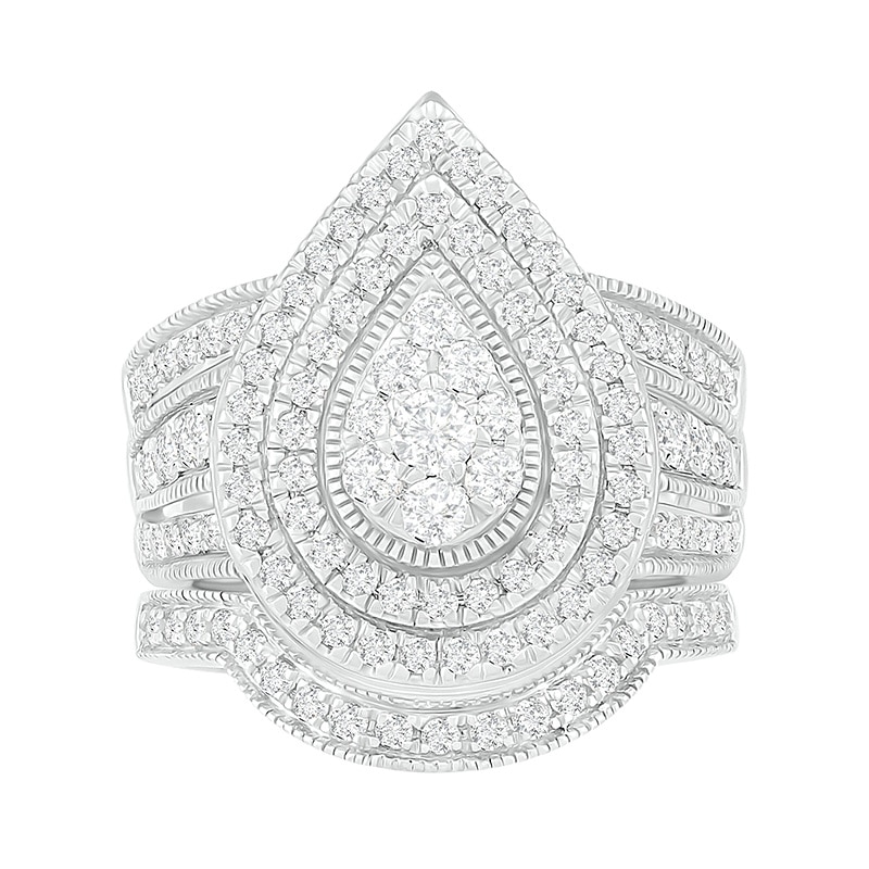 1.23 CT. T.W. Composite Pear Diamond Frame Multi-Row Vintage-Style Bridal Set in 10K White Gold