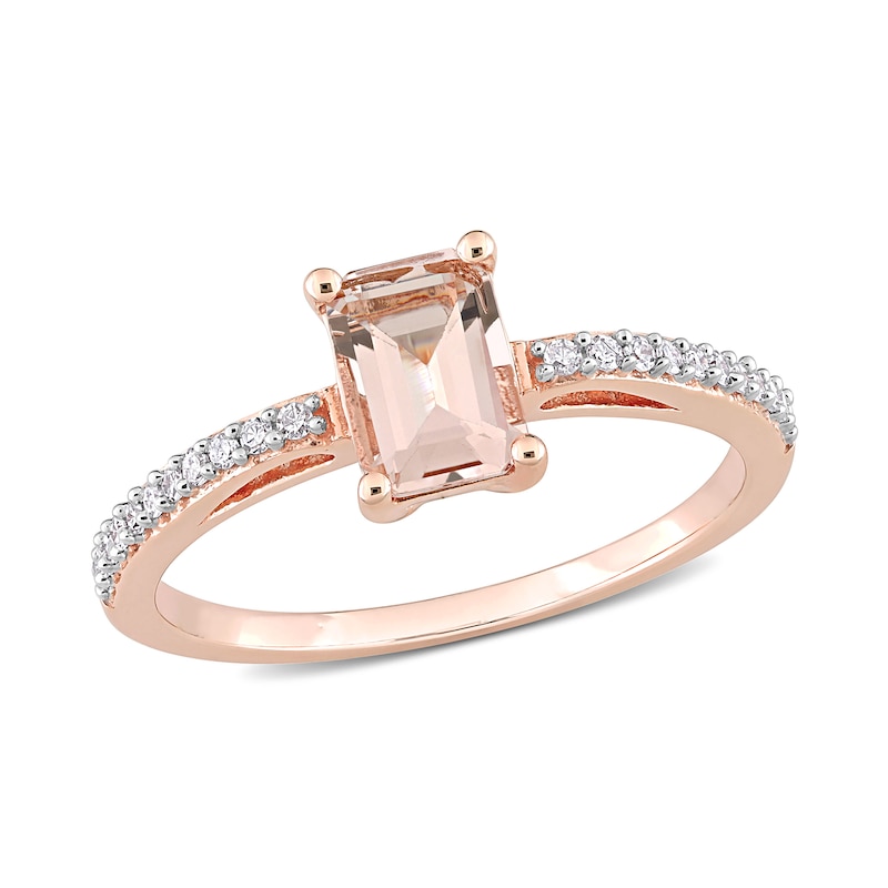 Main Image 1 of Emerald-Cut Morganite and 0.11 CT. T.W. Diamond Ring in 10K Rose Gold