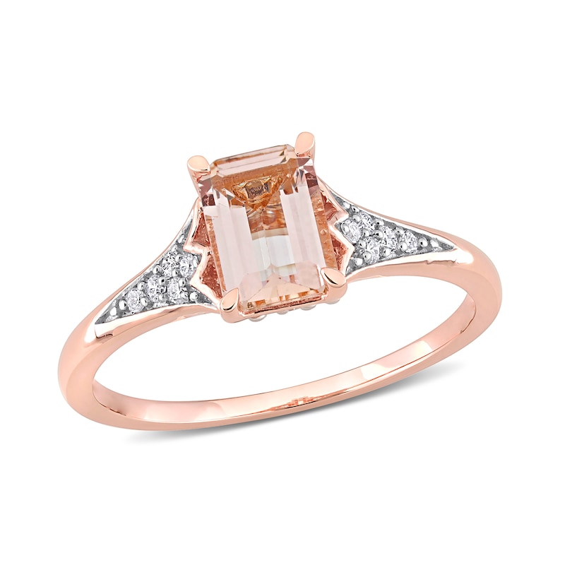 Emerald-Cut Morganite and 0.10 CT. T.W. Diamond Floral Shank Ring in 10K Rose Gold|Peoples Jewellers