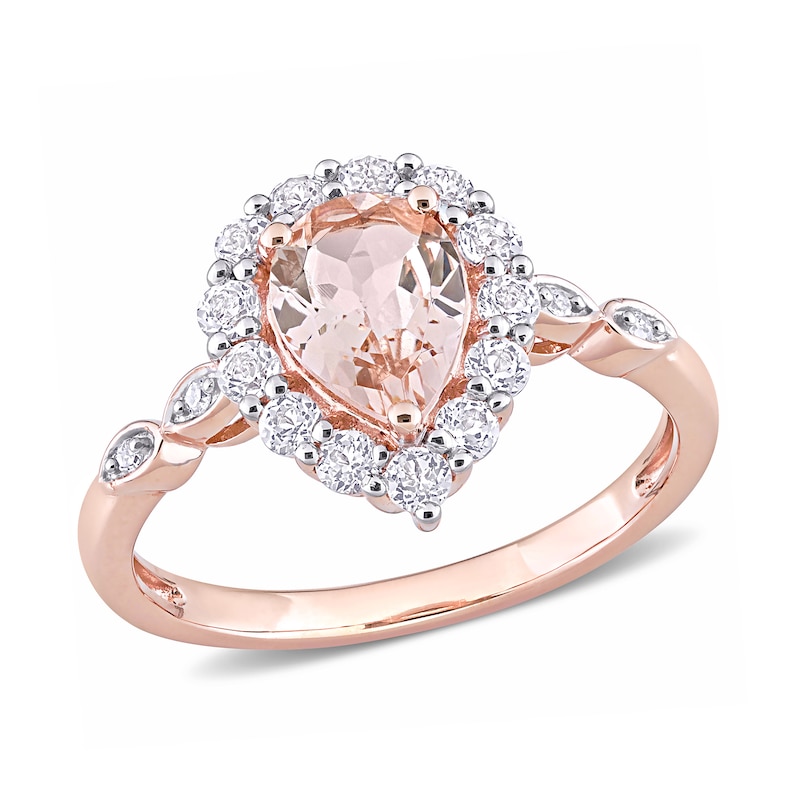 Pear-Shaped Morganite, White Topaz and Diamond Accent Frame Double Leaf-Sides Ring in 10K Rose Gold