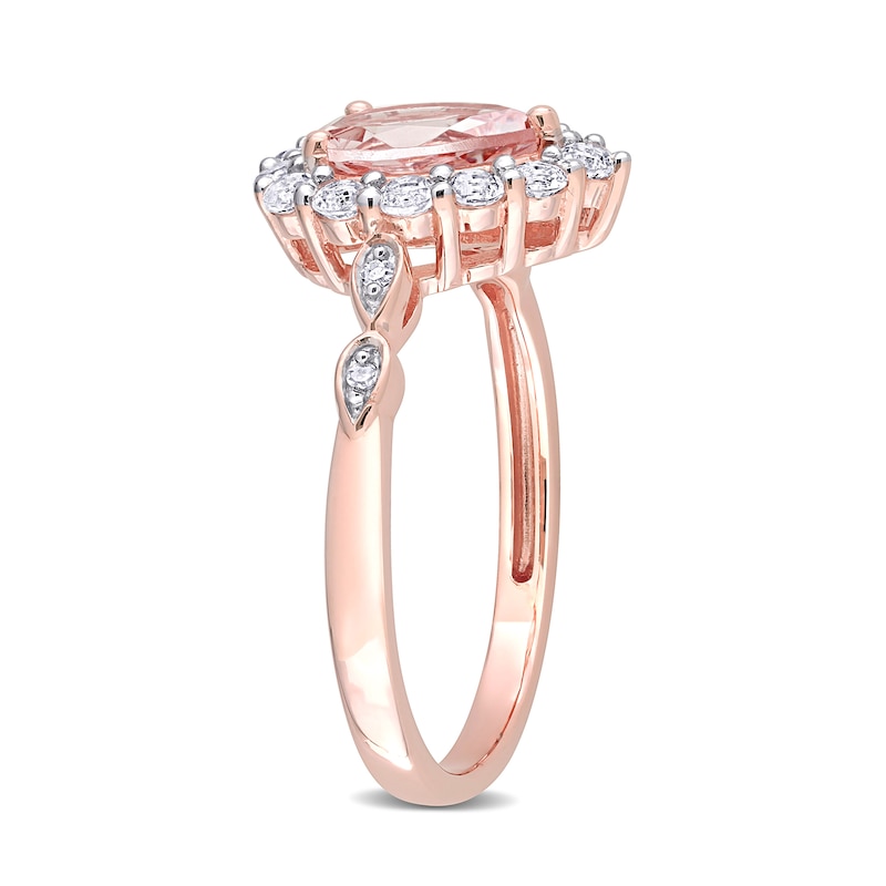 Main Image 3 of Pear-Shaped Morganite, White Topaz and Diamond Accent Frame Double Leaf-Sides Ring in 10K Rose Gold