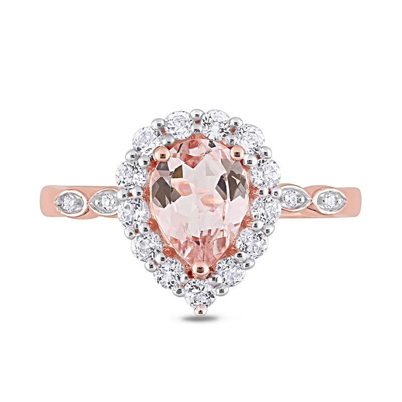 Pear-Shaped Morganite, White Topaz and Diamond Accent Frame Double Leaf-Sides Ring in 10K Rose Gold
