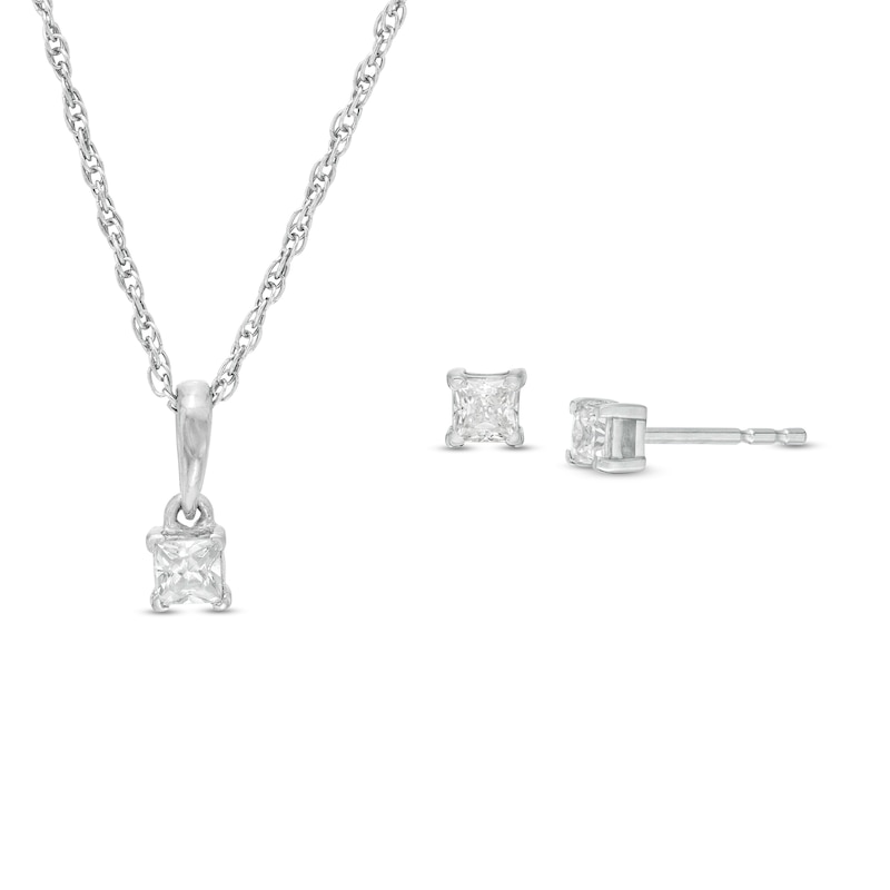 0.29 CT. T.W. Princess-Cut Diamond Solitaire Pendant and Stud Earrings in 10K White Gold|Peoples Jewellers