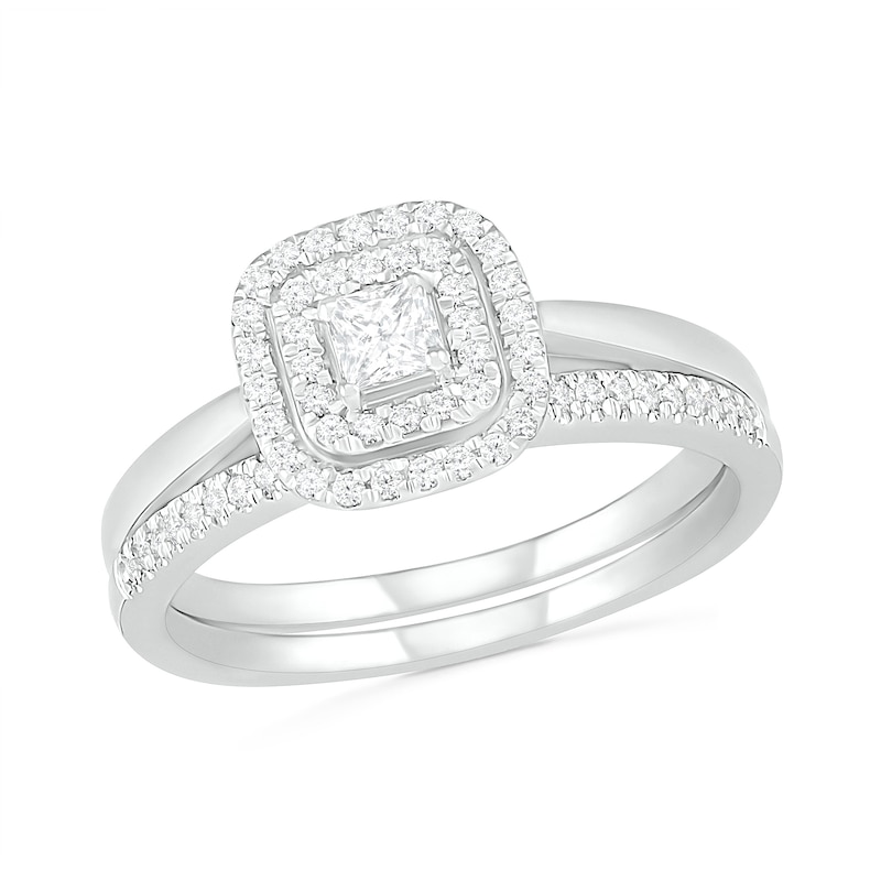 0.37 CT. T.W. Princess-Cut Diamond Double Cushion Frame Bridal Set in 10K White Gold