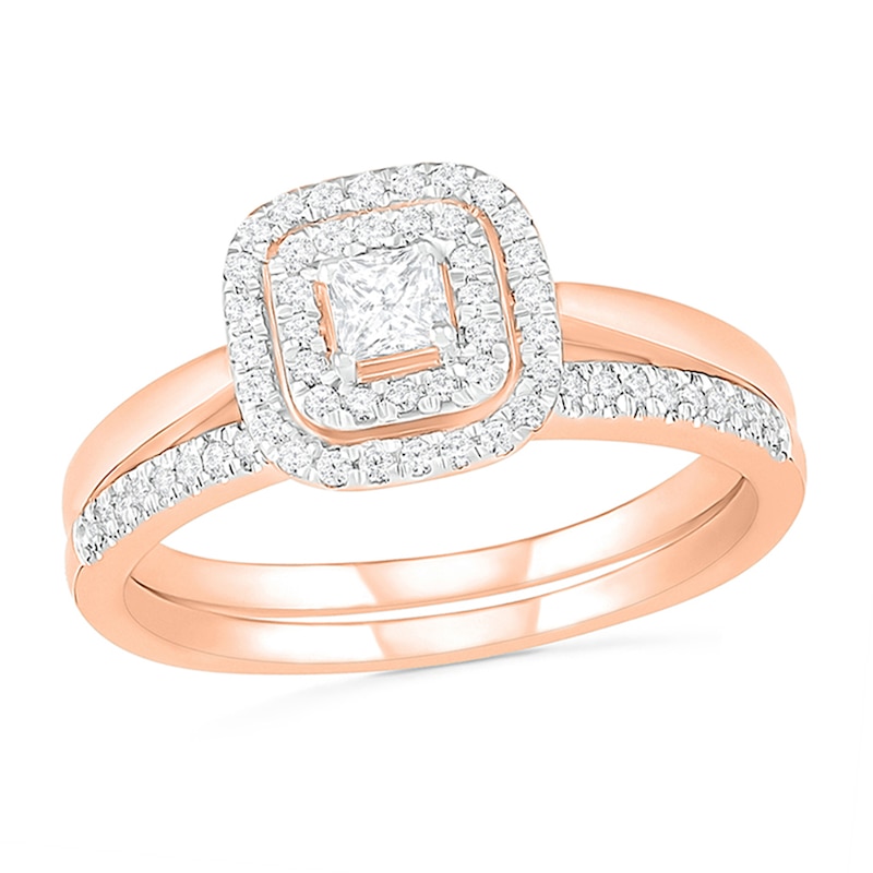 0.37 CT. T.W. Princess-Cut Diamond Double Cushion Frame Bridal Set in 10K Rose Gold