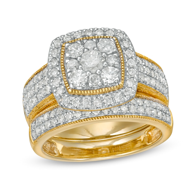 1.29 CT. T.W. Composite Cushion Diamond Frame Multi-Row Vintage-Style Bridal Set in 10K Gold