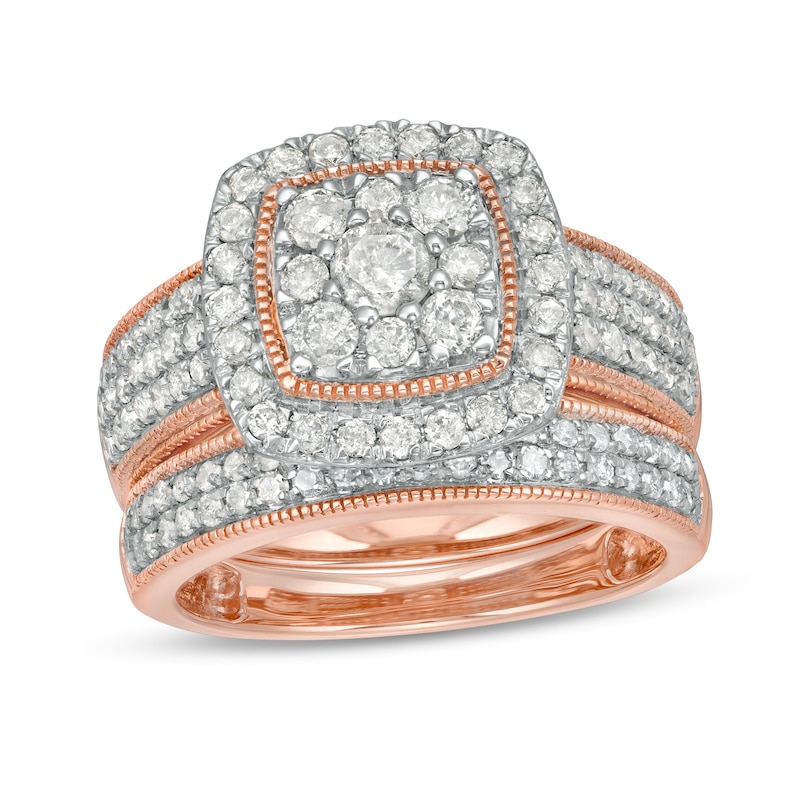 1.29 CT. T.W. Composite Cushion Diamond Frame Multi-Row Vintage-Style Bridal Set in 10K Rose Gold