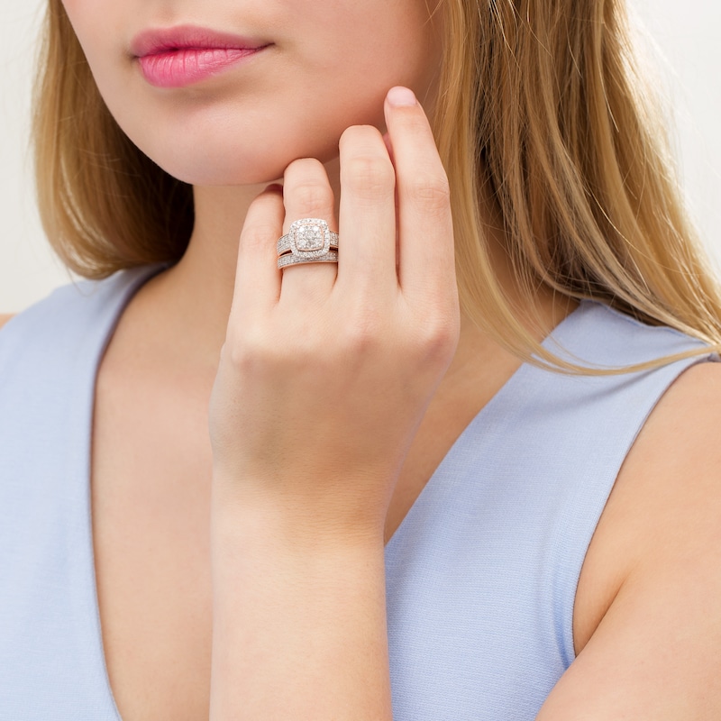 Main Image 2 of 1.29 CT. T.W. Composite Cushion Diamond Frame Multi-Row Vintage-Style Bridal Set in 10K Rose Gold