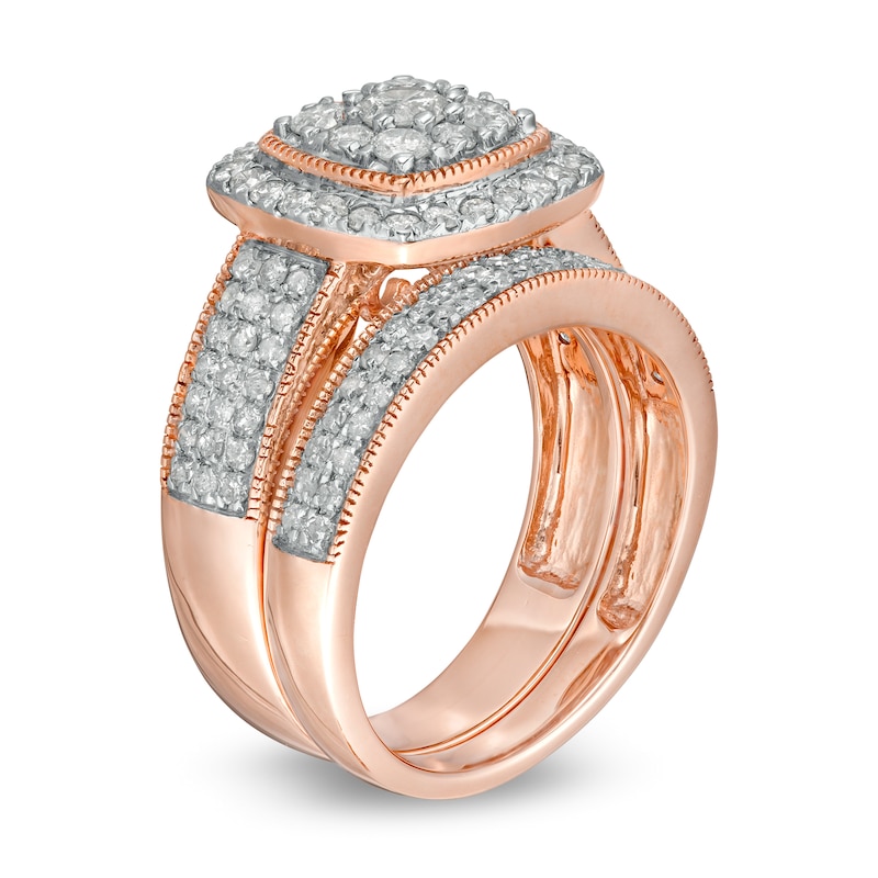 1.29 CT. T.W. Composite Cushion Diamond Frame Multi-Row Vintage-Style Bridal Set in 10K Rose Gold