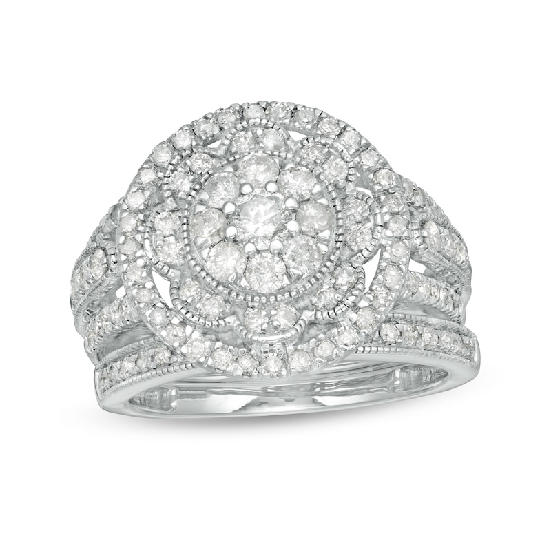 1.23 CT. T.W. Composite Diamond Multi-Row Vintage-Style Bridal Set in 10K White Gold