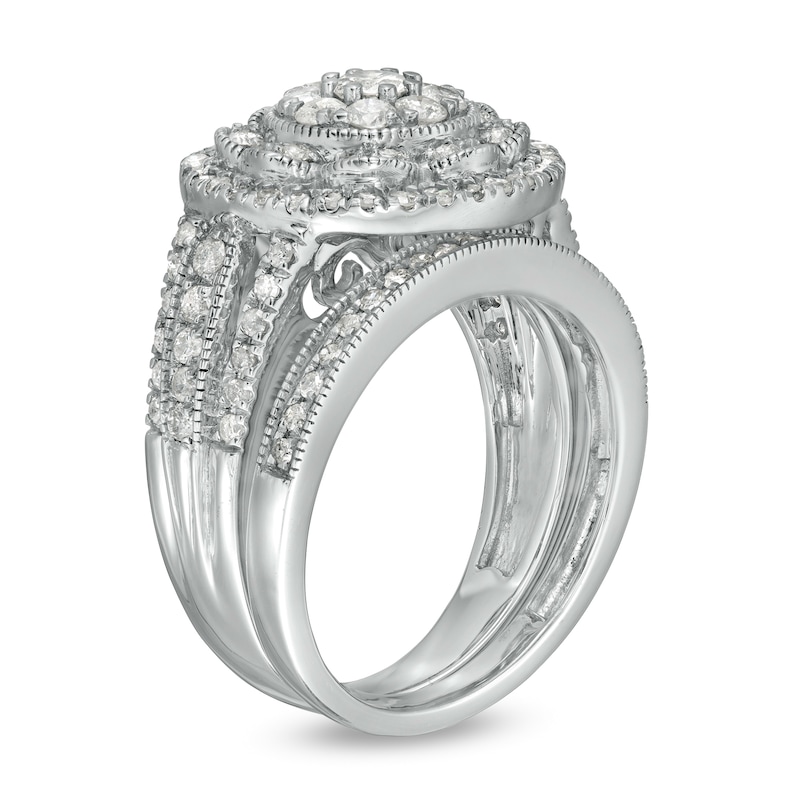 1.23 CT. T.W. Composite Diamond Multi-Row Vintage-Style Bridal Set in 10K White Gold