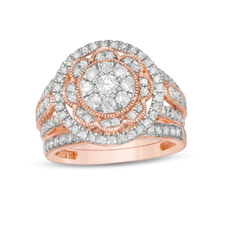 1.23 CT. T.W. Composite Diamond Multi-Row Vintage-Style Bridal Set in 10K Rose Gold