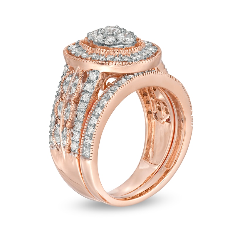 1.23 CT. T.W. Composite Oval Diamond Scallop Frame Vintage-Style Bridal Set in 10K Rose Gold