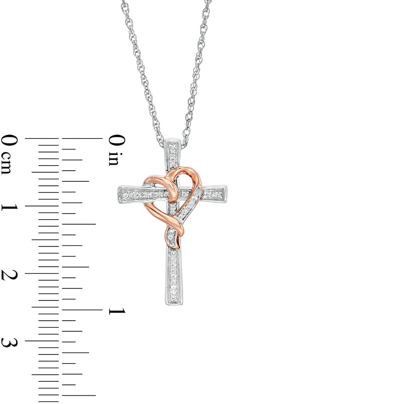 0.07 CT. T.W. Diamond Cross with Ribbon Heart Overlay Pendant in Sterling Silver and 10K Rose Gold