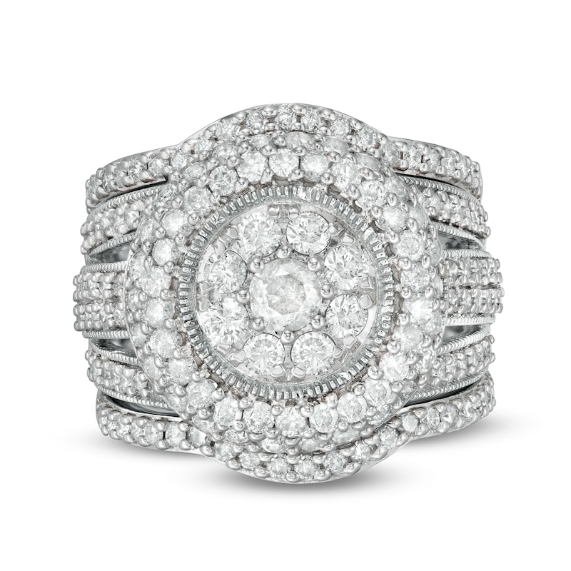 Main Image 1 of 2.23 CT. T.W. Composite Diamond Multi-Row Vintage-Style Three Piece Bridal Set in 10K White Gold