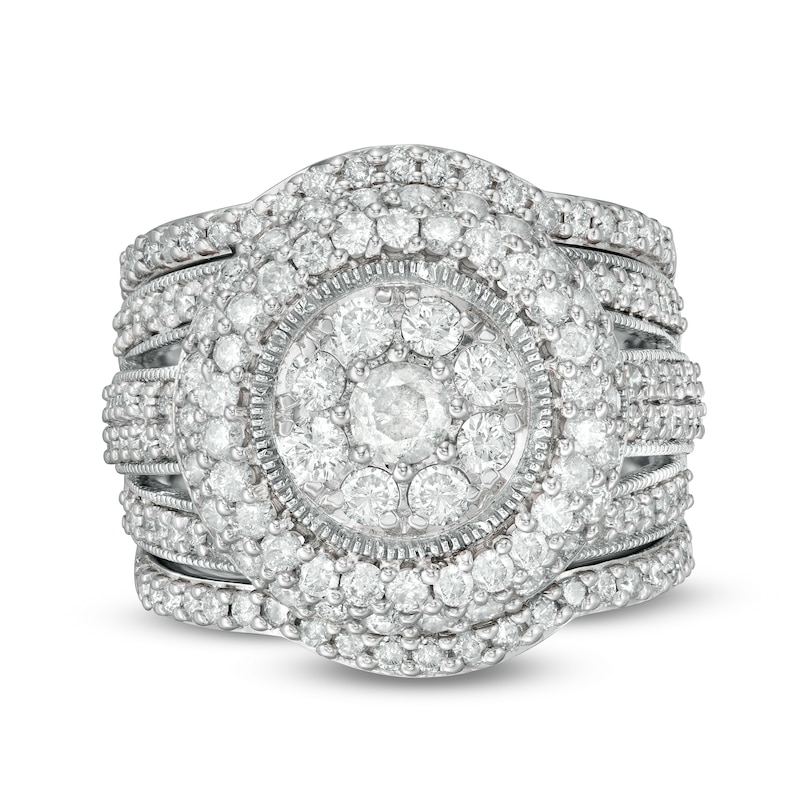 2.23 CT. T.W. Composite Diamond Multi-Row Vintage-Style Three Piece Bridal Set in 10K White Gold