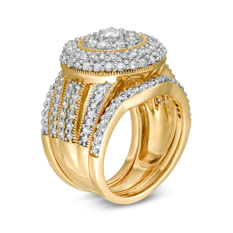 Main Image 3 of 2.23 CT. T.W. Multi-Diamond Multi-Row Vintage-Style Three Piece Bridal Set in 10K Gold