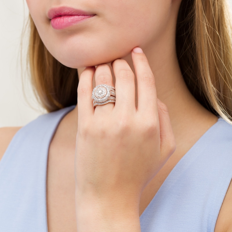 Main Image 2 of 2.23 CT. T.W. Composite Diamond Multi-Row Vintage-Style Three Piece Bridal Set in 10K Rose Gold